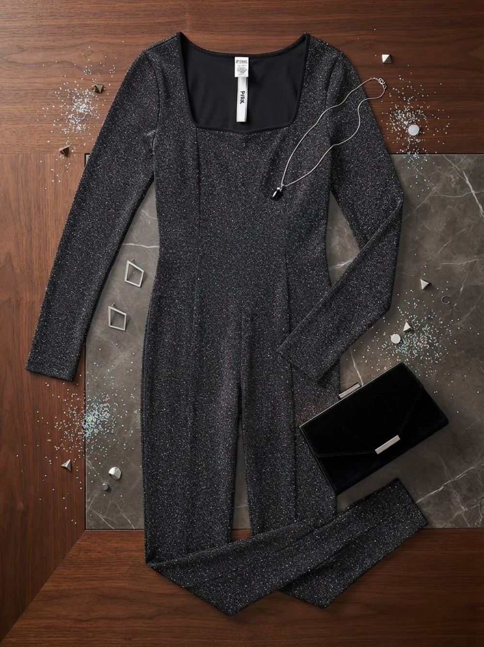 PINK Victoria's Secret Black Metallic Long-Sleeve Jumpsuit